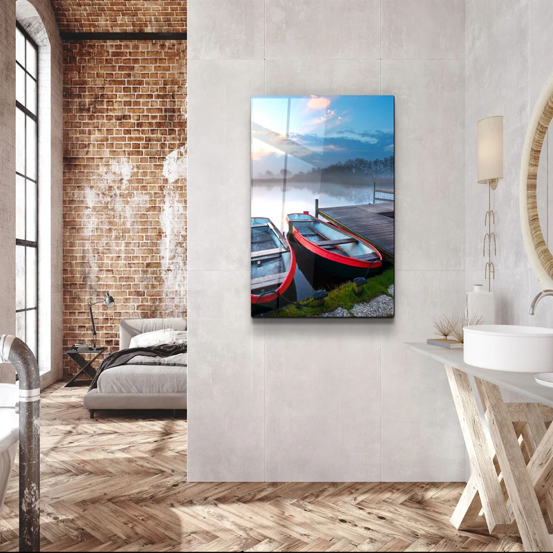 ・"Lake and Boat Landscape"・Glass Wall Art - Image 3