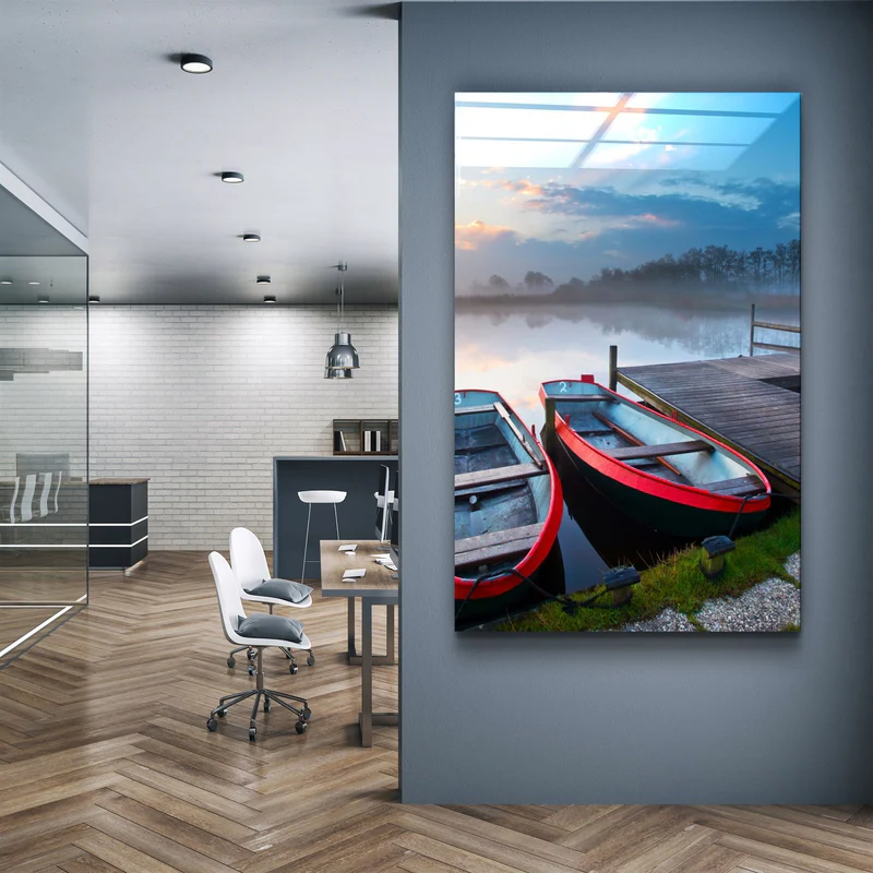 ・"Lake and Boat Landscape"・Glass Wall Art - Image 2