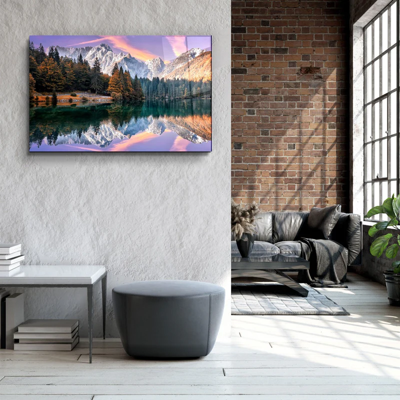 ・"Lake and Mountain Landscape 2"・Glass Wall Art - Image 3