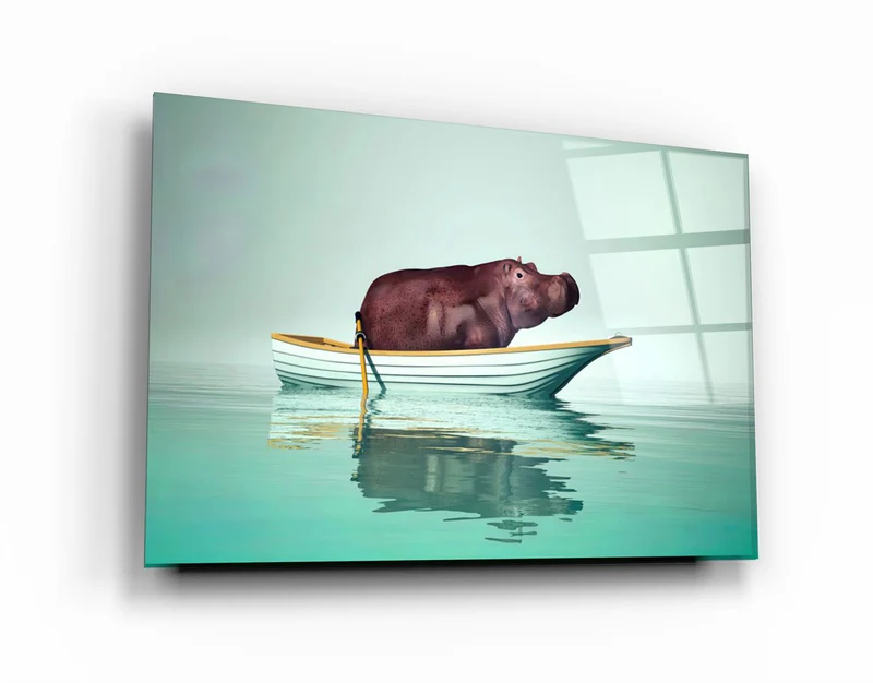 ・"Hippo on the Boat 1"・Glass Wall Art