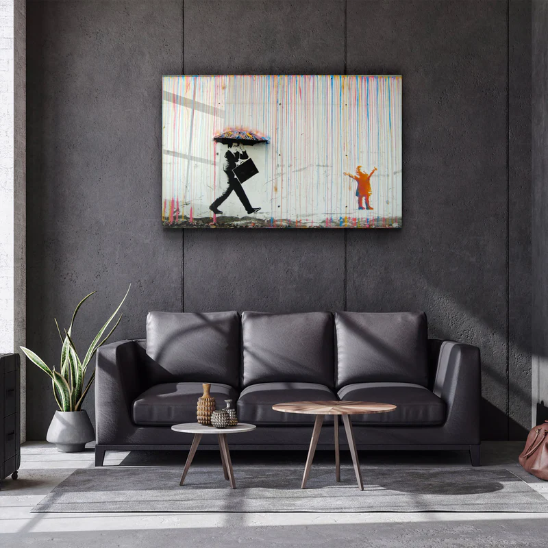 ・"Banksy - Umbrella Man - Rainbow Rain Girl "・Glass Wall Art - Image 3