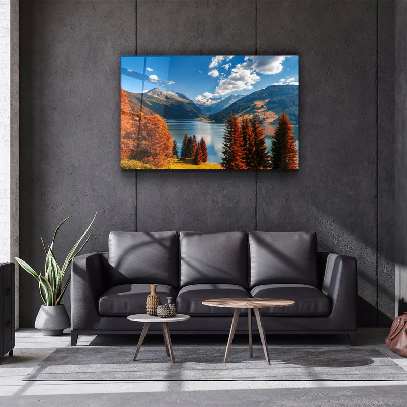 ・"Lake and Mountain Landscape"・Glass Wall Art - Image 3