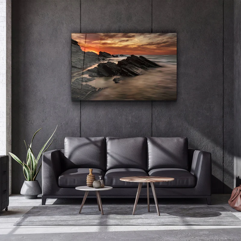 ・"Sharp Rocks and Sunset"・Glass Wall Art - Image 2