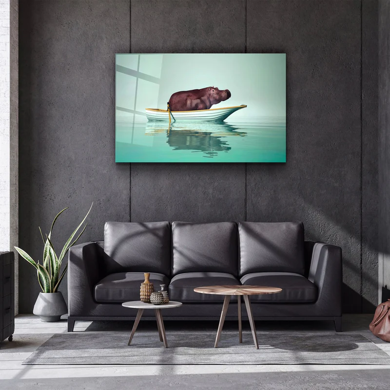 ・"Hippo on the Boat 1"・Glass Wall Art - Image 2