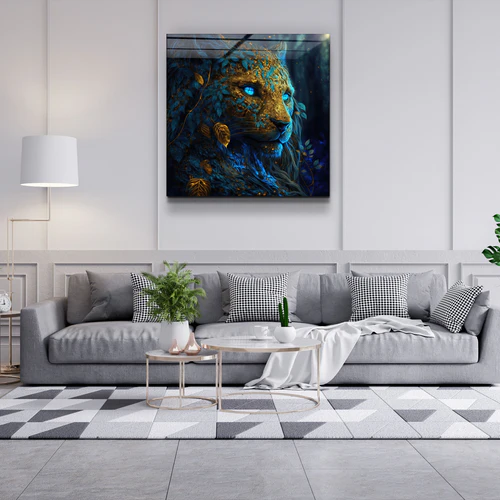 ."Majestic Blue-Eyed Leopard". Secret World Collection Glass Wall Art - Image 2
