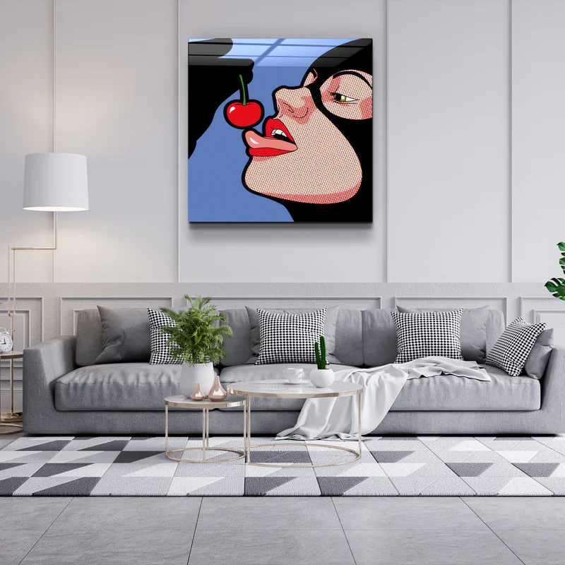 ."Cat Woman & Cherry". Designer's Collection Glass Wall Art - Image 3