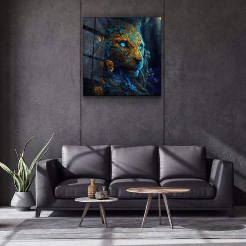 ."Majestic Blue-Eyed Leopard". Secret World Collection Glass Wall Art - Image 3