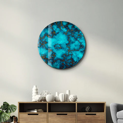 ・"Gold on Blue Abstract"・Rounded Glass Wall Art - Image 3