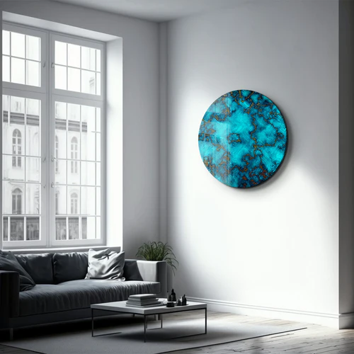 ・"Gold on Blue Abstract"・Rounded Glass Wall Art - Image 2