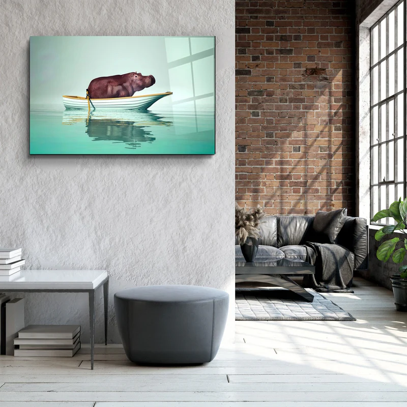 ・"Hippo on the Boat 1"・Glass Wall Art - Image 3