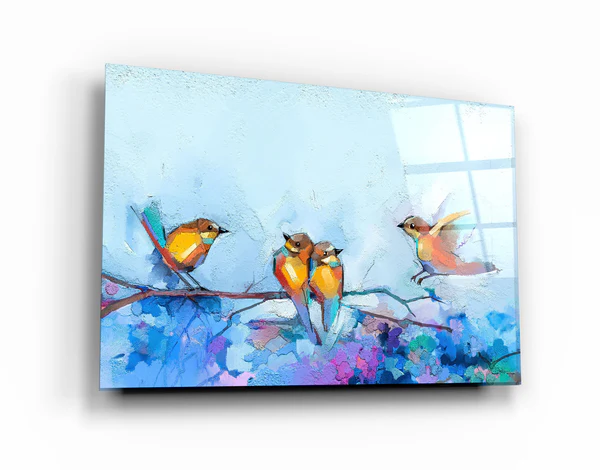 ・"Birds With Flower Painting"・Glass Wall Art