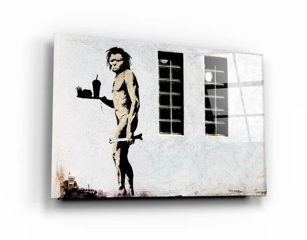 ・"Banksy - Cave Man Fast Food"・Glass Wall Art