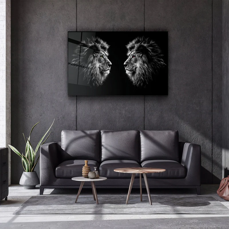 ・"Lions Confrontation BW "・Glass Wall Art - Image 2