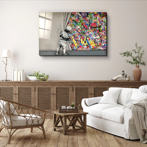 "BANKSY - Pull Back the Curtain"ć»GLASS WALL ART - Image 2